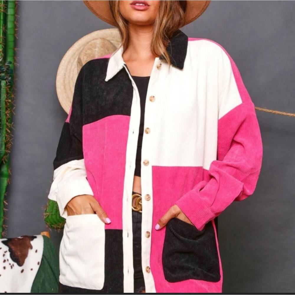 Fantastic Fawn Oversized‎ Colorblock Corduroy Tunic Top Shacket Size Large Pink